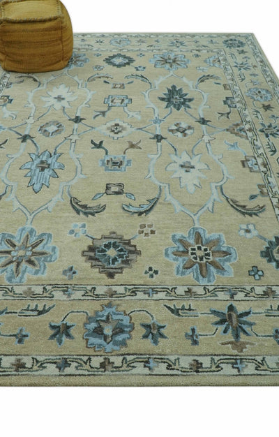 8x10 Beige, Ivory and Blue Hand Tufted Floral Oriental Oushak wool area rug - The Rug Decor