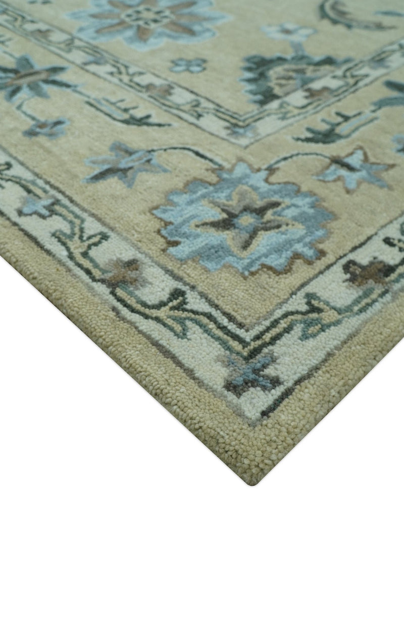 8x10 Beige, Ivory and Blue Hand Tufted Floral Oriental Oushak wool area rug - The Rug Decor