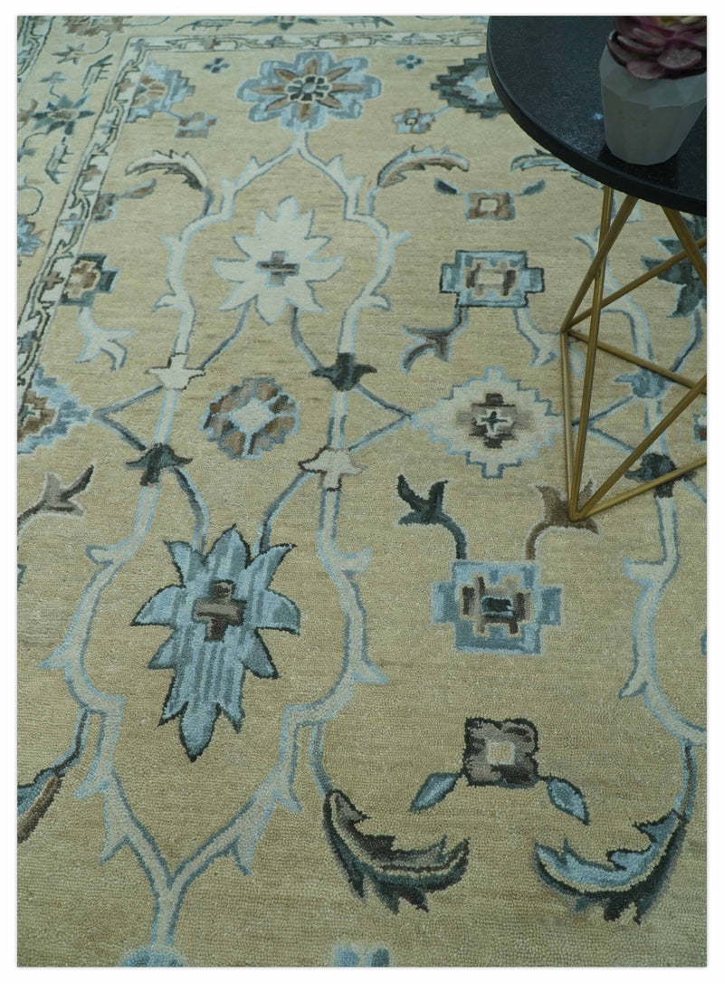 8x10 Beige, Ivory and Blue Hand Tufted Floral Oriental Oushak wool area rug - The Rug Decor