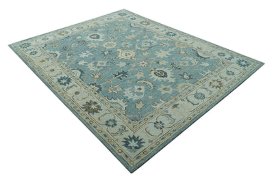 8x10 Blue, Ivory and Beige Hand Tufted Oriental Oushak wool area rug - The Rug Decor