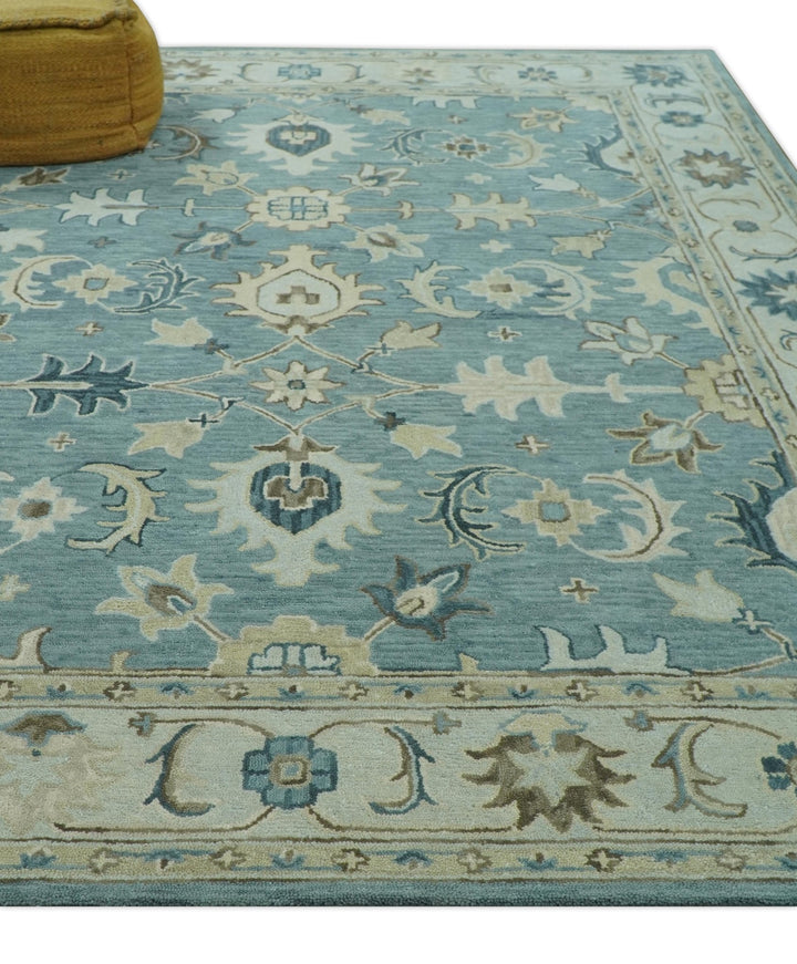 8x10 Blue, Ivory and Beige Hand Tufted Oriental Oushak wool area rug - The Rug Decor