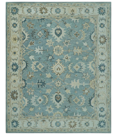 8x10 Blue, Ivory and Beige Hand Tufted Oriental Oushak wool area rug - The Rug Decor