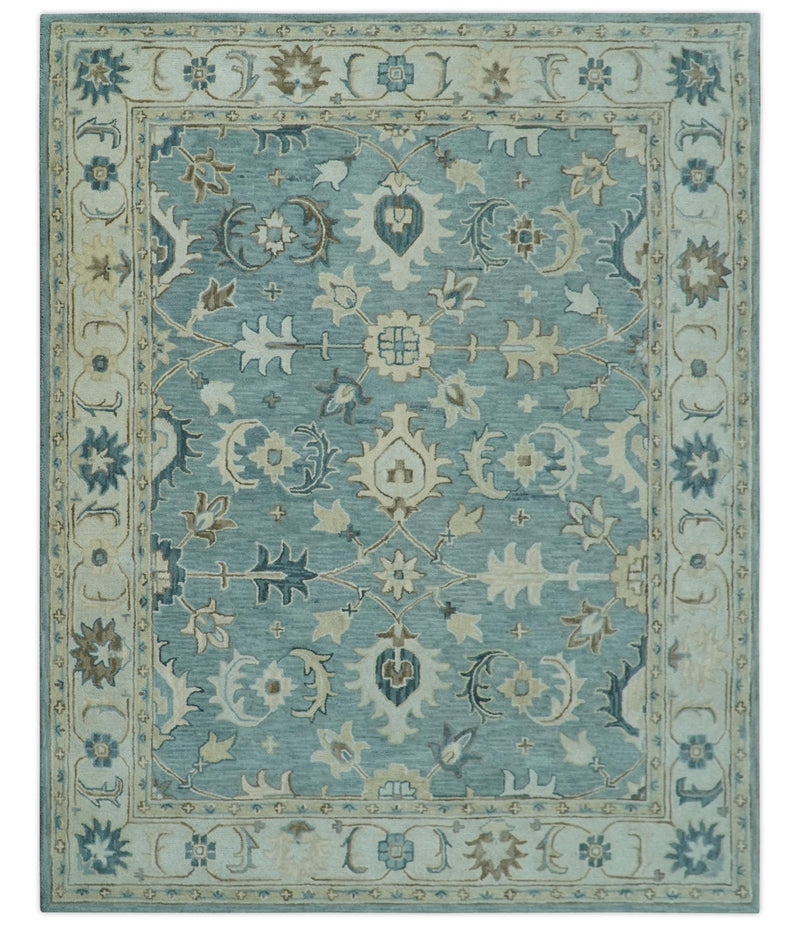 8x10 Blue, Ivory and Beige Hand Tufted Oriental Oushak wool area rug - The Rug Decor