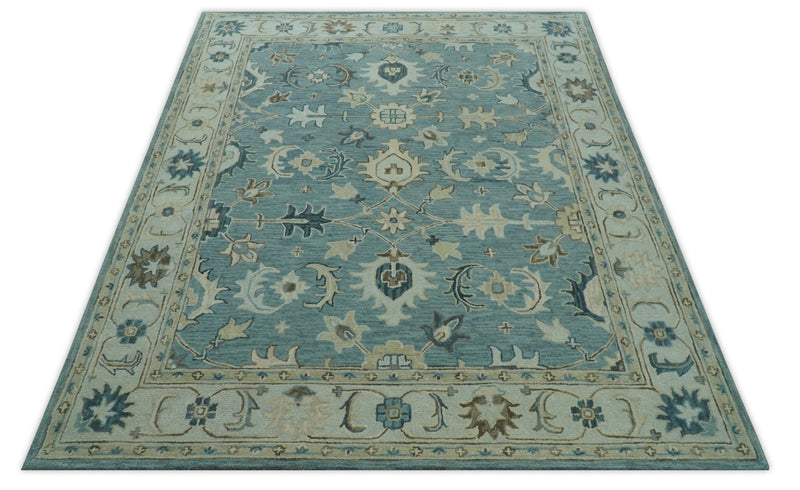 8x10 Blue, Ivory and Beige Hand Tufted Oriental Oushak wool area rug - The Rug Decor