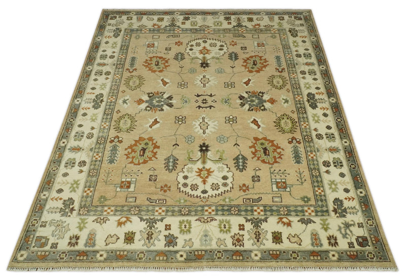 8x10 Camel, Ivory and Gray Hand knotted Oriental Oushak wool area rug - The Rug Decor