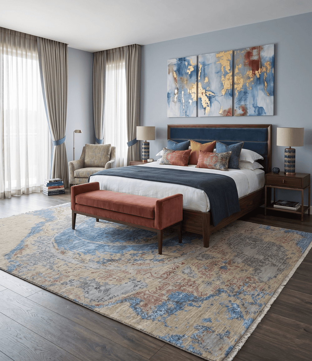 8x10 Fine Hand Knotted Beige and Blue Modern Abstract Style Wool and Silk Area Rug - The Rug Decor