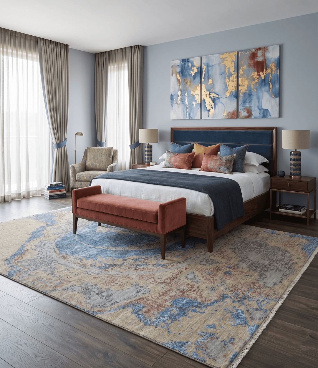 8x10 Fine Hand Knotted Beige and Blue Modern Abstract Style Wool and Silk Area Rug - The Rug Decor