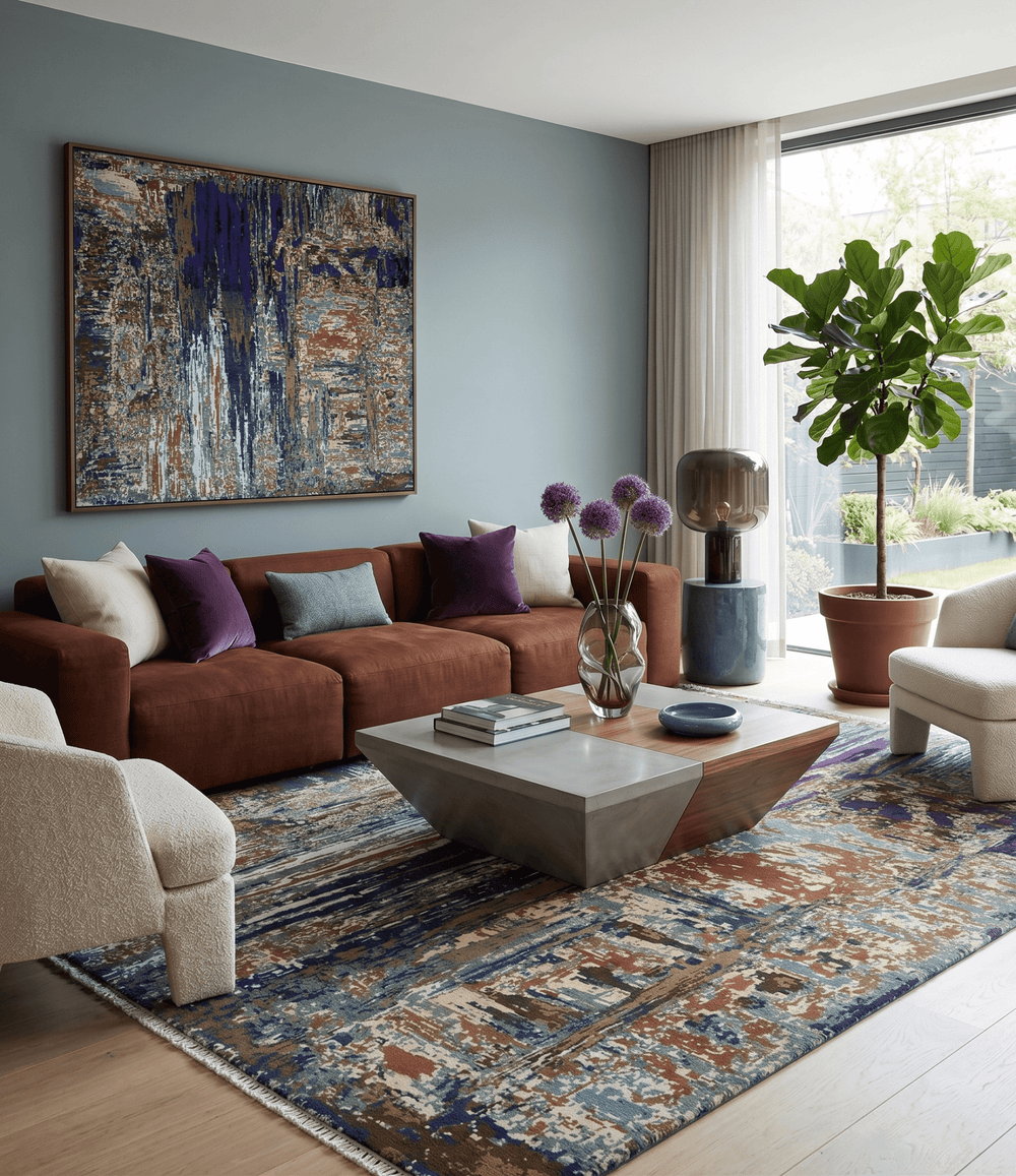 8x10 Fine Hand Knotted Blue And Brown Modern Abstract Wool and Bamboo Silk Area Rug - The Rug Decor
