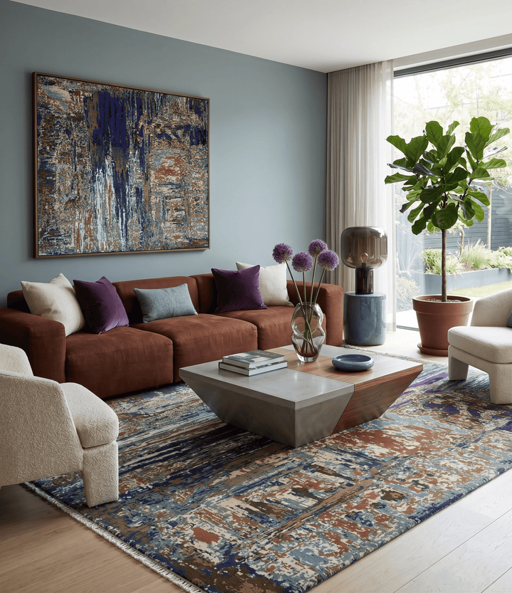 8x10 Fine Hand Knotted Blue And Brown Modern Abstract Wool and Bamboo Silk Area Rug - The Rug Decor