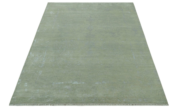 8X10 Fine Hand Knotted Green And Gray Modern abstract Design Wool and Art Silk Rug - The Rug Decor