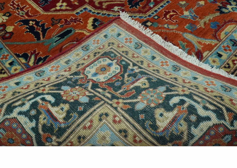 8x10 Fine Hand Knotted Rust and Blue Traditional Heriz Medallion wool area rug - The Rug Decor