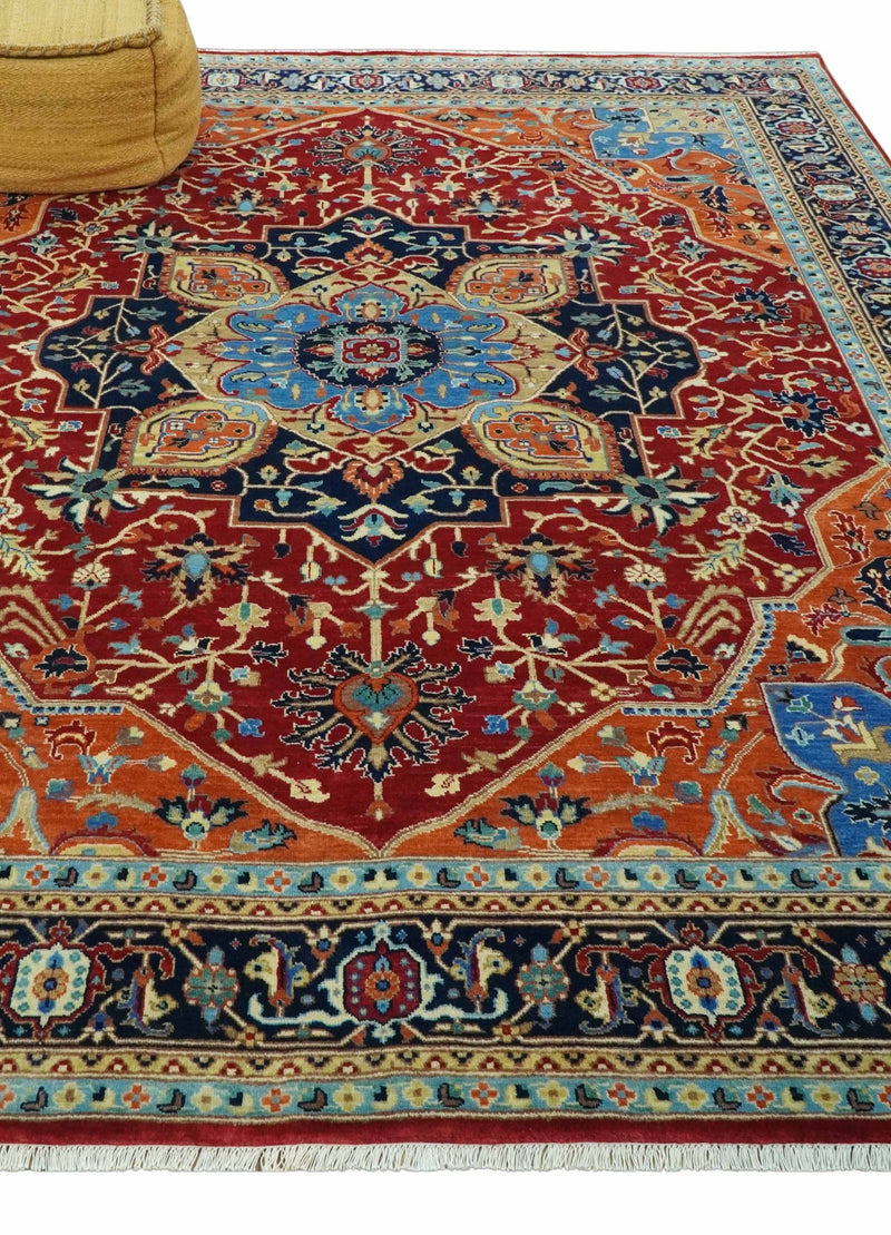 8x10 Fine Hand Knotted Rust and Blue Traditional Heriz Medallion wool area rug - The Rug Decor