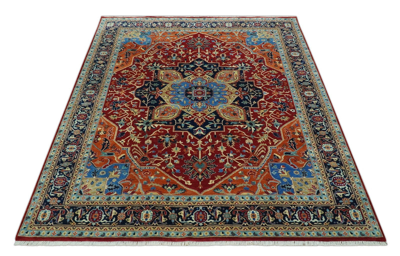 8x10 Fine Hand Knotted Rust and Blue Traditional Heriz Medallion wool area rug - The Rug Decor