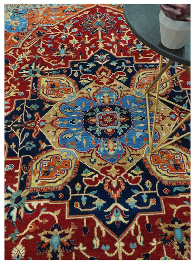 8x10 Fine Hand Knotted Rust and Blue Traditional Heriz Medallion wool area rug - The Rug Decor