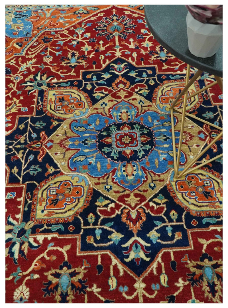 8x10 Fine Hand Knotted Rust and Blue Traditional Heriz Medallion wool area rug - The Rug Decor