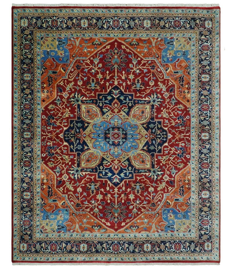 8x10 Fine Hand Knotted Rust and Blue Traditional Heriz Medallion wool area rug - The Rug Decor