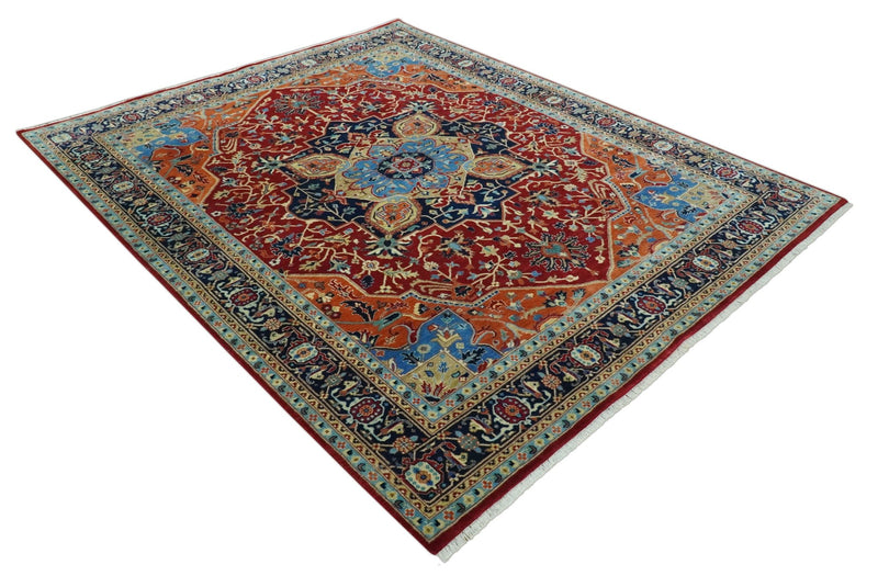 8x10 Fine Hand Knotted Rust and Blue Traditional Heriz Medallion wool area rug - The Rug Decor