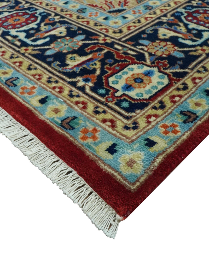 8x10 Fine Hand Knotted Rust and Blue Traditional Heriz Medallion wool area rug - The Rug Decor