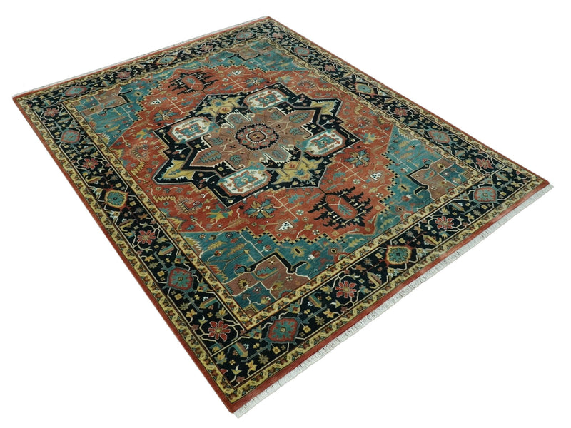 8x10 Fine Hand Knotted Rust, Teal and Dark Blue Traditional Heriz wool area rug - The Rug Decor