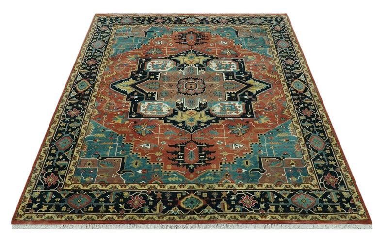 8x10 Fine Hand Knotted Rust, Teal and Dark Blue Traditional Heriz wool area rug - The Rug Decor