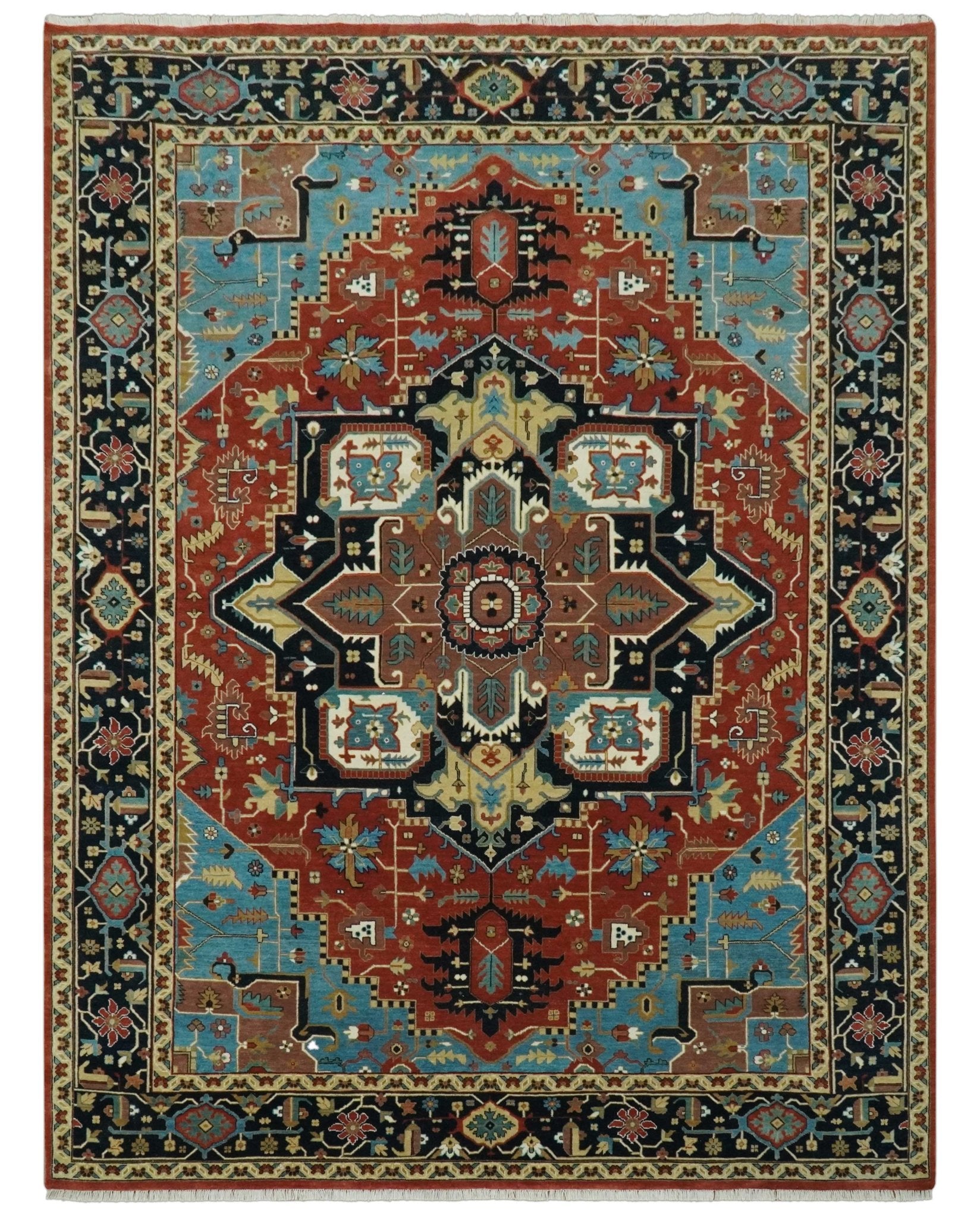 Fine Hand Knotted Rust, Teal and Dark Blue Traditional Heriz wool