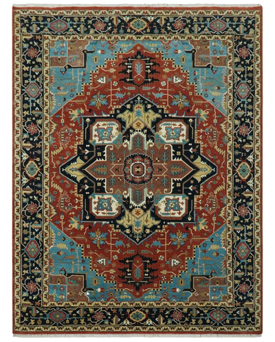 8x10 Fine Hand Knotted Rust, Teal and Dark Blue Traditional Heriz wool area rug - The Rug Decor