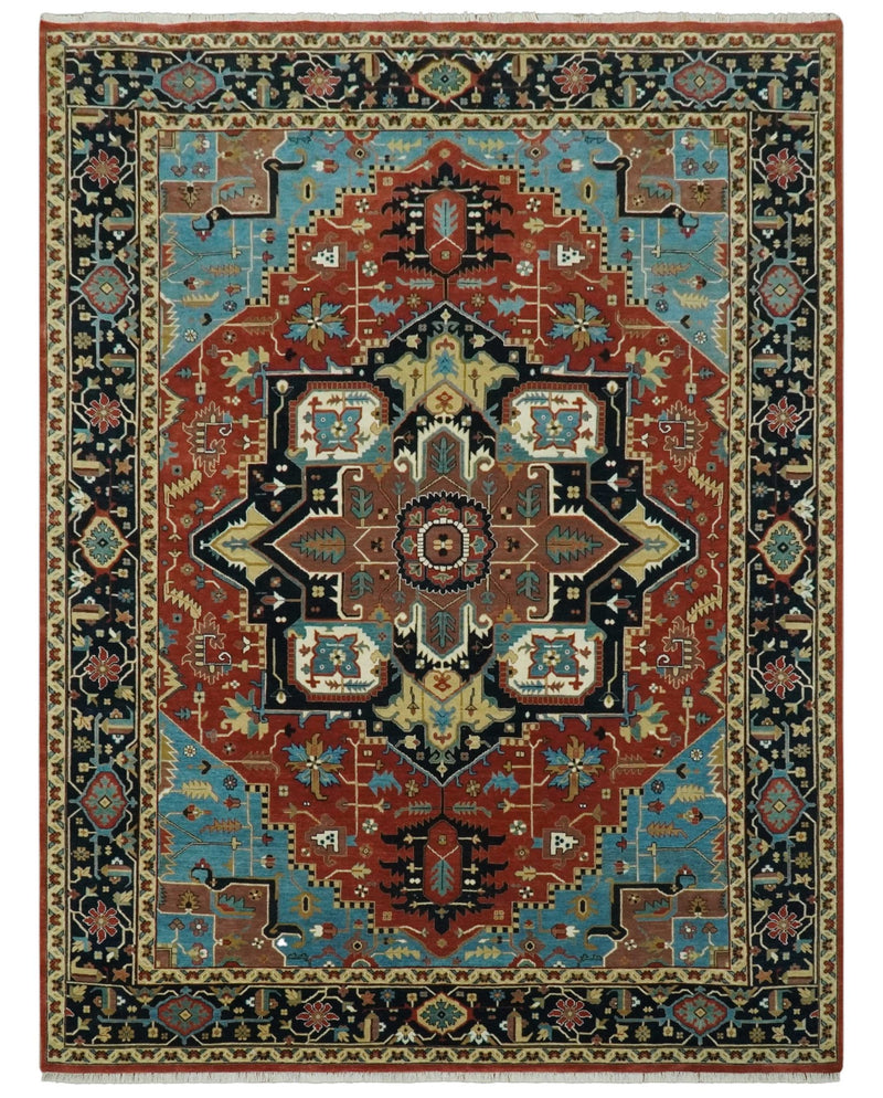 8x10 Fine Hand Knotted Rust, Teal and Dark Blue Traditional Heriz wool area rug - The Rug Decor