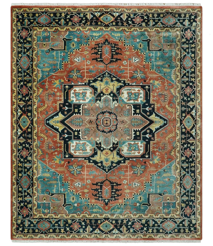 8x10 Fine Hand Knotted Rust, Teal and Dark Blue Traditional Heriz wool area rug - The Rug Decor