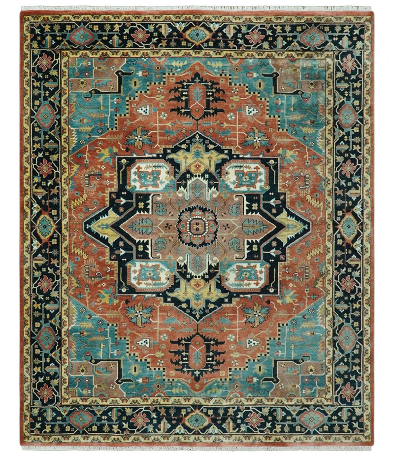 8x10 Fine Hand Knotted Rust, Teal and Dark Blue Traditional Heriz wool area rug - The Rug Decor