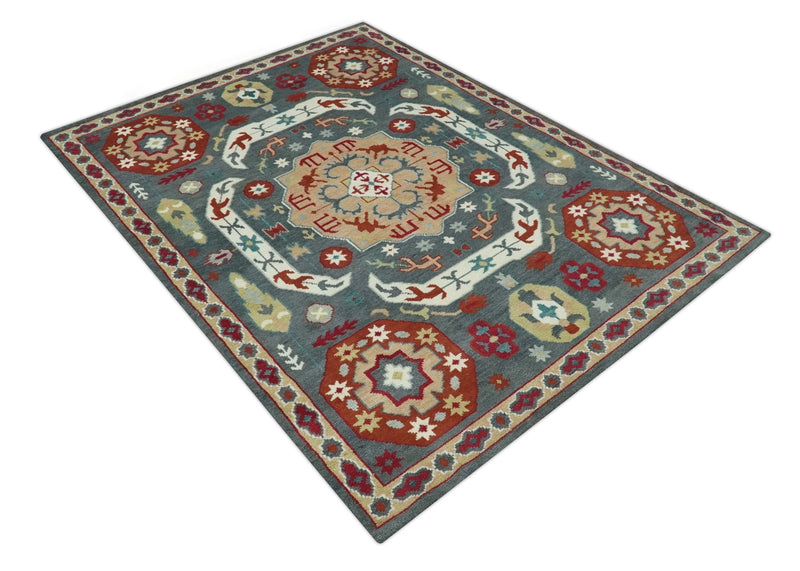 8x10 Gray, Rust and Peach Traditional Medallion Mamluk Design wool Rug - The Rug Decor