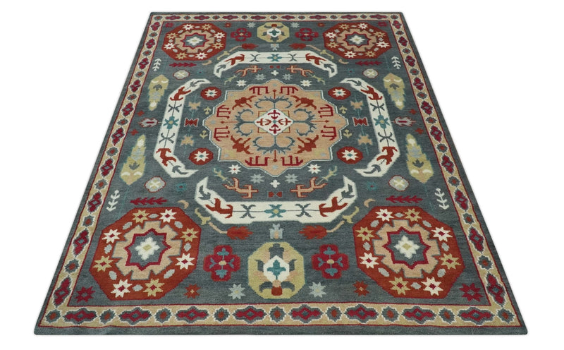 8x10 Gray, Rust and Peach Traditional Medallion Mamluk Design wool Rug - The Rug Decor