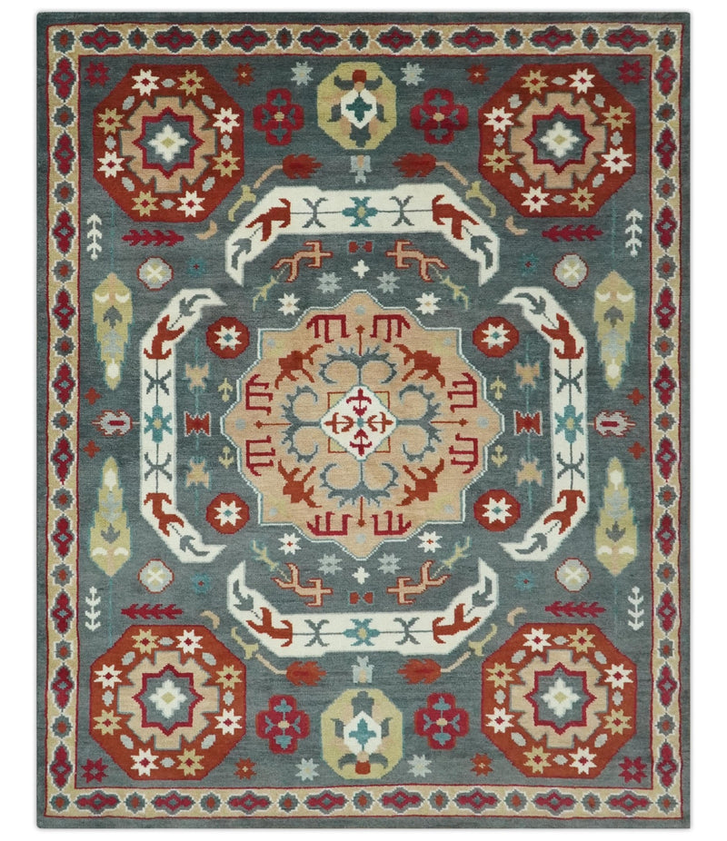 8x10 Gray, Rust and Peach Traditional Medallion Mamluk Design wool Rug - The Rug Decor