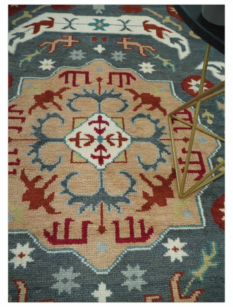 8x10 Gray, Rust and Peach Traditional Medallion Mamluk Design wool Rug - The Rug Decor