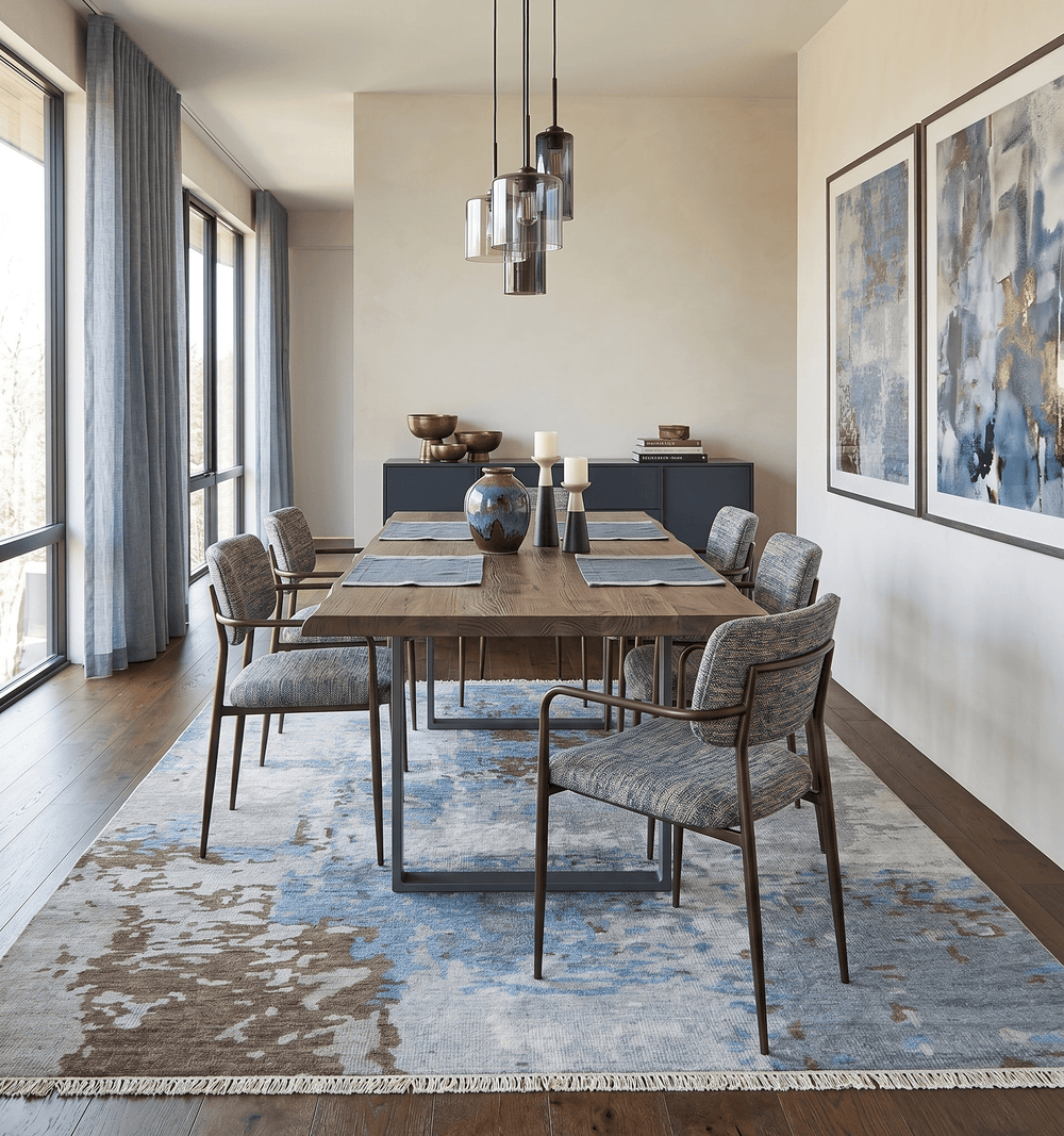 8x10 Hand Knotted Blue and Silver Modern Abstract Low Pile Wool Rug - The Rug Decor