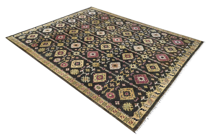 8x10 Hand Knotted Charcoal, Beige and Purple Traditional Design Wool Area Rug - The Rug Decor