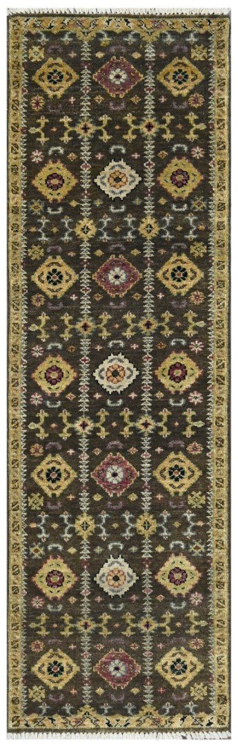 8x10 Hand Knotted Charcoal, Beige and Purple Traditional Design Wool Area Rug - The Rug Decor