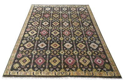 8x10 Hand Knotted Charcoal, Beige and Purple Traditional Design Wool Area Rug - The Rug Decor