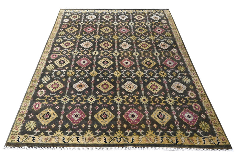 8x10 Hand Knotted Charcoal, Beige and Purple Traditional Design Wool Area Rug - The Rug Decor