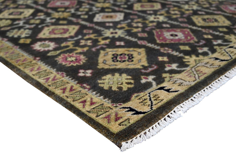 8x10 Hand Knotted Charcoal, Beige and Purple Traditional Design Wool Area Rug - The Rug Decor