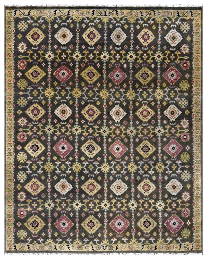 8x10 Hand Knotted Charcoal, Beige and Purple Traditional Design Wool Area Rug - The Rug Decor