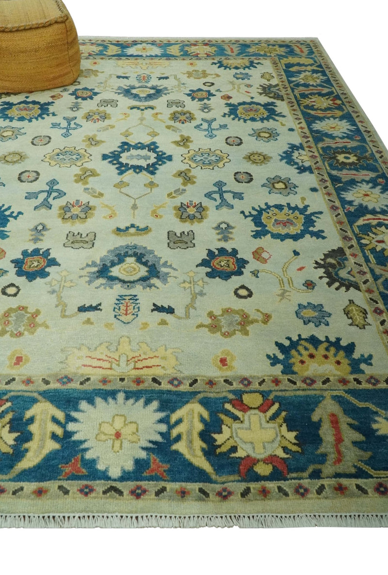 8x10 Hand Knotted Ivory and Blue Traditional Oriental Oushak wool area rug - The Rug Decor