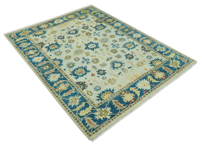 8x10 Hand Knotted Ivory and Blue Traditional Oriental Oushak wool area rug - The Rug Decor