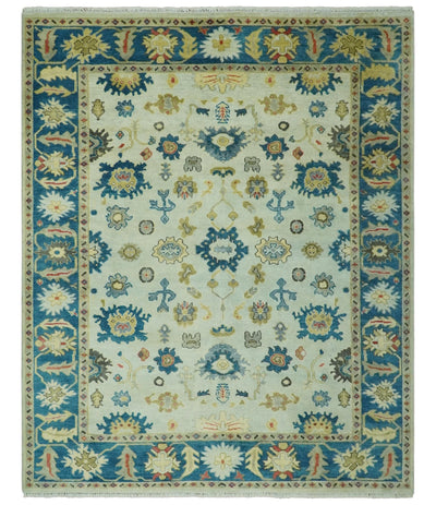 8x10 Hand Knotted Ivory and Blue Traditional Oriental Oushak wool area rug - The Rug Decor