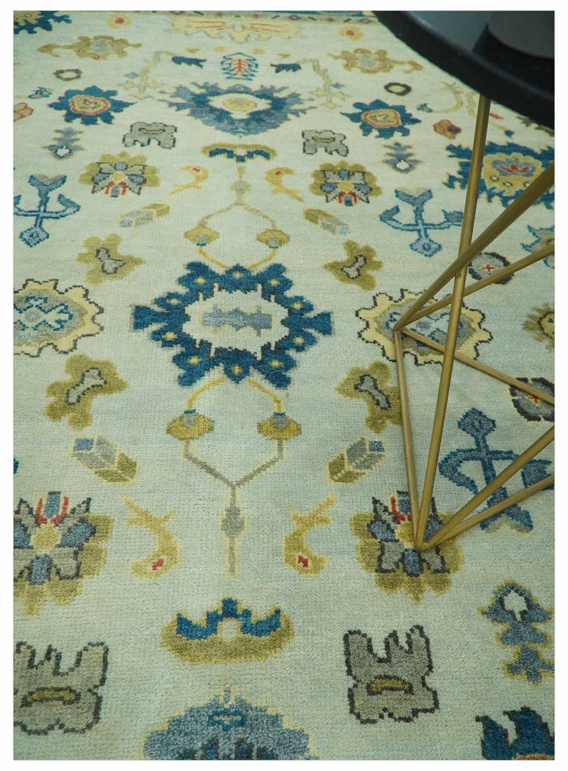 8x10 Hand Knotted Ivory and Blue Traditional Oriental Oushak wool area rug - The Rug Decor