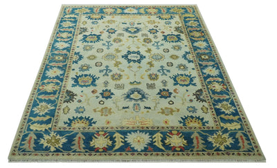 8x10 Hand Knotted Ivory and Blue Traditional Oriental Oushak wool area rug - The Rug Decor