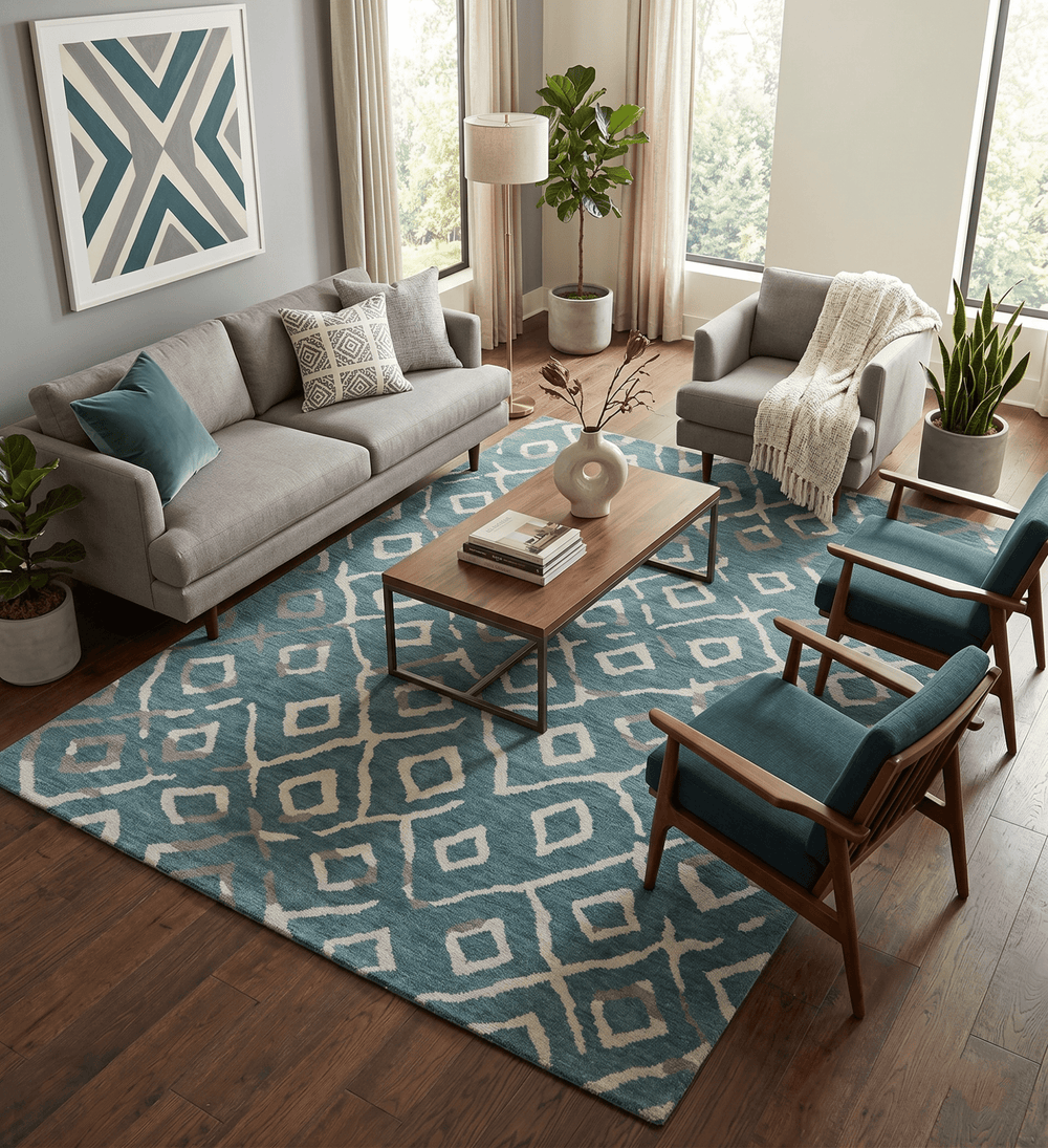 8x10 Hand Knotted Modern Geometrical Teal And Ivory Wool Rug - The Rug Decor