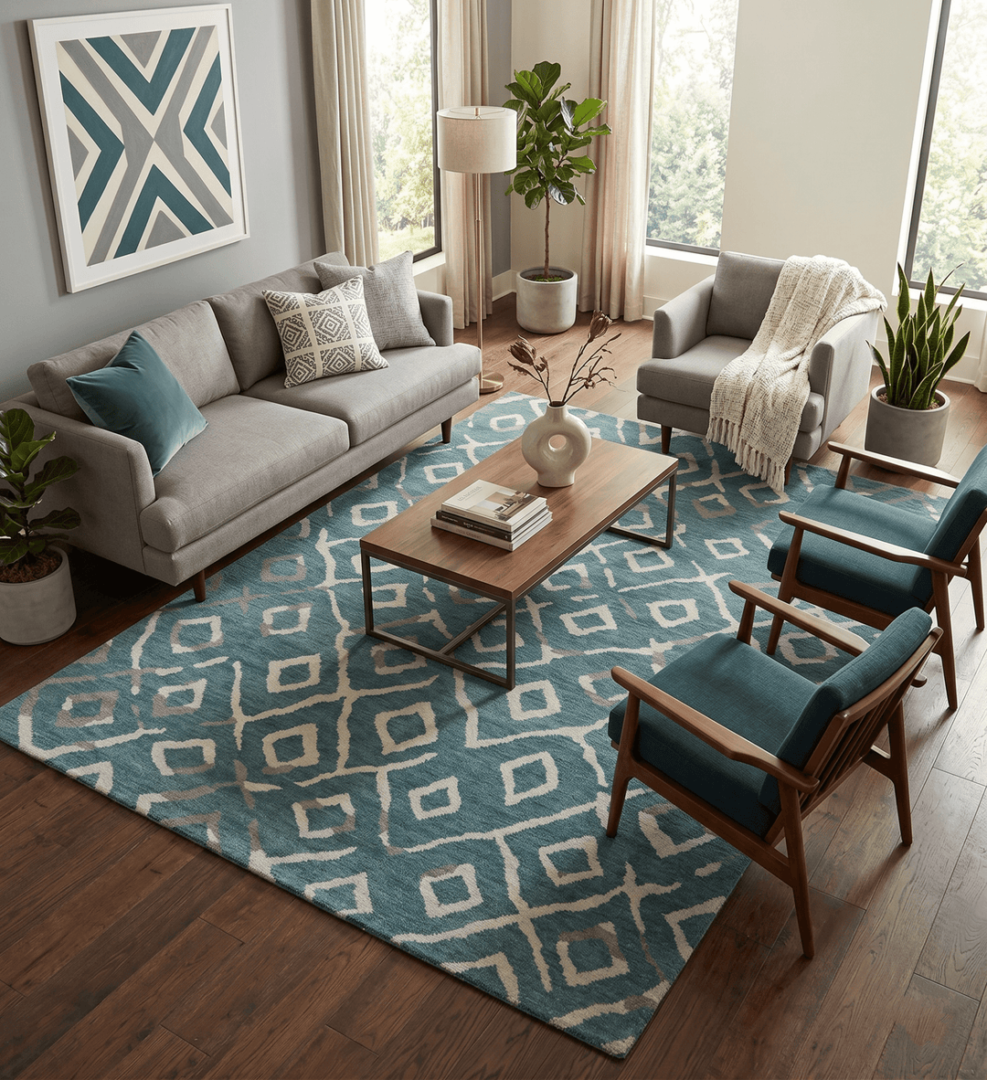 8x10 Hand Knotted Modern Geometrical Teal And Ivory Wool Rug - The Rug Decor