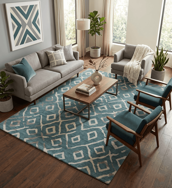 8x10 Hand Knotted Modern Geometrical Teal And Ivory Wool Rug - The Rug Decor