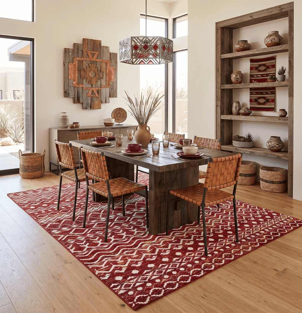 8x10 Hand Knotted Red and White Modern Contemporary Southwestern Tribal Trellis Recycled Silk Area Rug - The Rug Decor