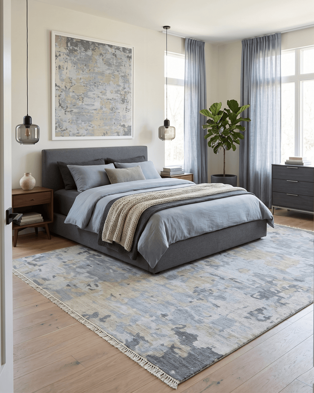 8x10 Hand Knotted Silver and Beige Modern Abstract Low Pile Wool Rug - The Rug Decor
